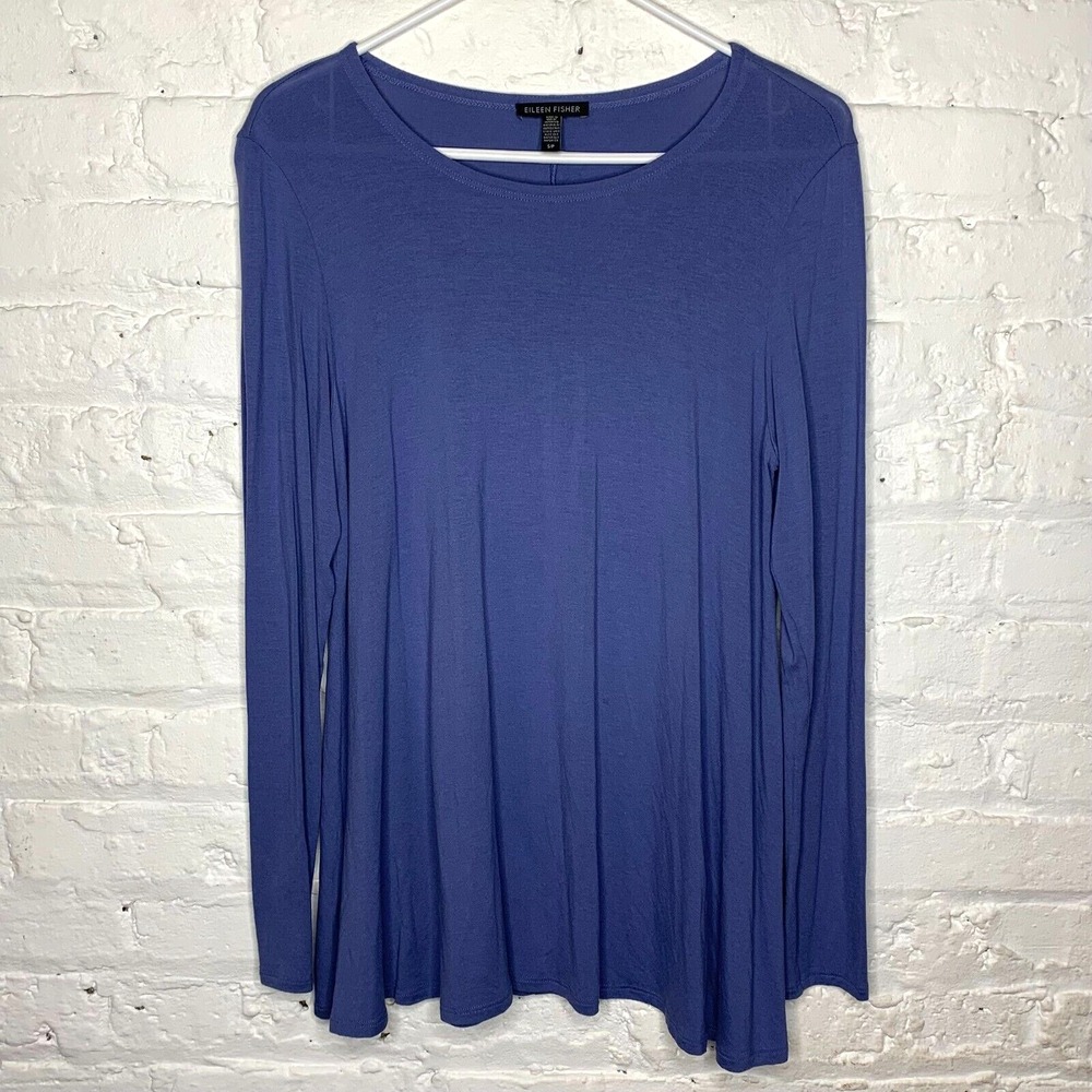 Eileen Fisher Viscose Spandex Stretchy Vneck Tunic Shirt Jersey Top Blue‎ Small